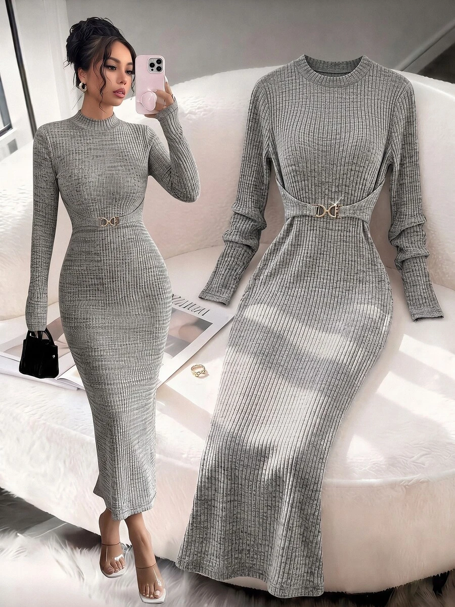 SHEIN Spring Summer Autumn Winter Semi-High Neck Long Sleeve Slim Fit Knitted Brushed Ribbed Elegant Fashion Women Long Dress - Light Grey - View 1