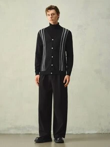 Manfinity Homme 男士V領極簡長袖開襟衫，細條紋春秋冬季上衣，黑色配白色條紋寬鬆版型開襟衫，極簡日常穿搭顯瘦直條紋開襟衫 - 黑色 - 查看 5