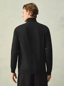 Manfinity Homme 男士V領極簡長袖開襟衫，細條紋春秋冬季上衣，黑色配白色條紋寬鬆版型開襟衫，極簡日常穿搭顯瘦直條紋開襟衫 - 黑色 - 查看 2
