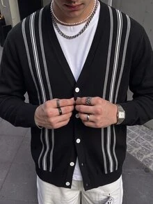 Manfinity Homme 男士V領極簡長袖開襟衫，細條紋春秋冬季上衣，黑色配白色條紋寬鬆版型開襟衫，極簡日常穿搭顯瘦直條紋開襟衫 - 黑色 - 查看 7
