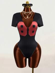 Mistrie Women's Digital Print Deep V-Neck Short Sleeve Casual Streetwear Sexy Bodysuit Gym Black And Red Summer Going Out Night Out - Black - View 4