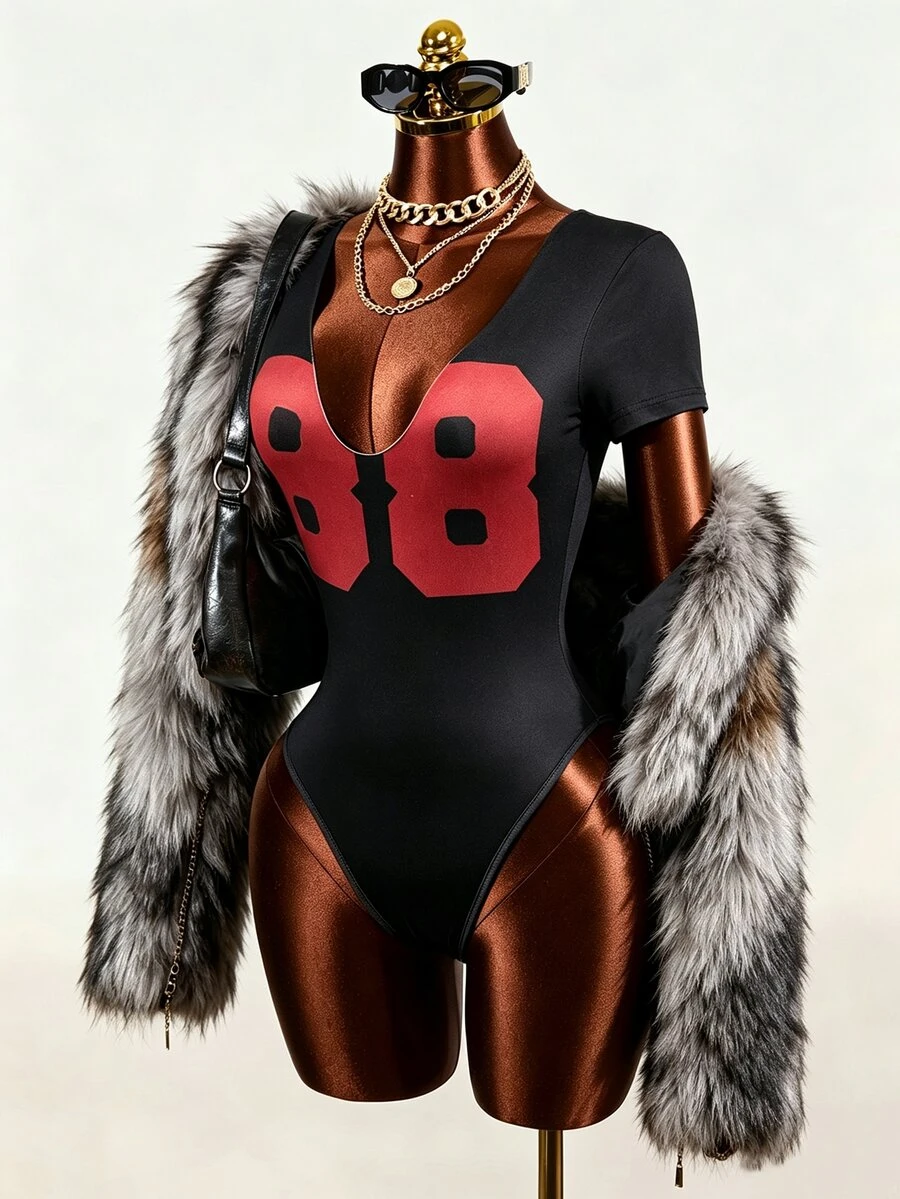 Mistrie Women's Digital Print Deep V-Neck Short Sleeve Casual Streetwear Sexy Bodysuit Gym Black And Red Summer Going Out Night Out - Black - View 1
