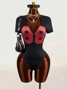Mistrie Women's Digital Print Deep V-Neck Short Sleeve Casual Streetwear Sexy Bodysuit Gym Black And Red Summer Going Out Night Out - Black - View 6