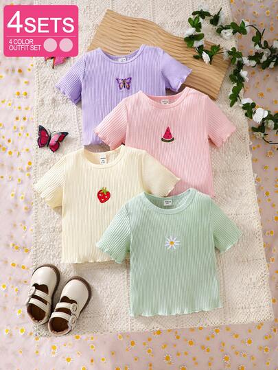 SHEIN Vintaside Kids 4pcs Baby Girl Casual Versatile Cute Embroidery Short Sleeve Tops