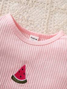 SHEIN Vintaside Kids 4件組女嬰休閒可愛百搭刺繡短袖上衣，度假家庭套裝，紫色蝴蝶、西瓜、奶油綠，夏季款 - 彩色 - 查看 8