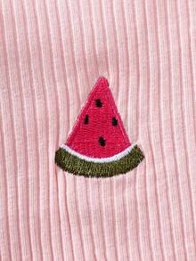 SHEIN Vintaside Kids 4件組女嬰休閒可愛百搭刺繡短袖上衣，度假家庭套裝，紫色蝴蝶、西瓜、奶油綠，夏季款 - 彩色 - 查看 7