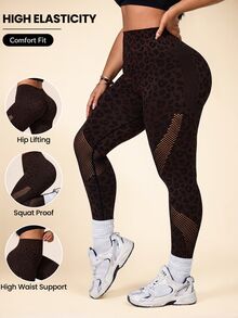 Rhythm Era Women's Plus Size Leopard Print Hollow Out Casual Daily Wear Sports Tight Leggings - Brown - View 1