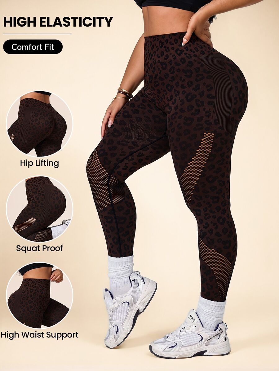 Rhythm Era Women's Plus Size Leopard Print Hollow Out Casual Daily Wear Sports Tight Leggings - Brown - View 1