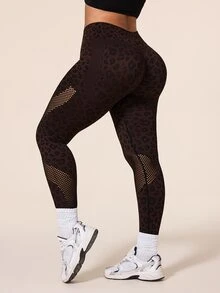 Rhythm Era Women's Plus Size Leopard Print Hollow Out Casual Daily Wear Sports Tight Leggings - Brown - View 2