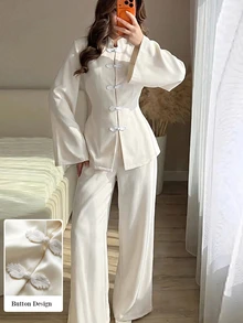 Rue Lumi Spring/Summer Women's 2 Pieces Set With Waist-Cinching Slimming Design, Tie Closure And Frog Buttons, Elegant Versatile Daily Commute Outfit - Apricot - View 2