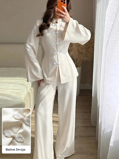 Rue Lumi Spring/Summer Women's 2 Pieces Set With Waist-Cinching Slimming Design, Tie Closure And Frog Buttons, Elegant Versatile Daily Commute Outfit