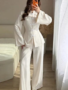 Rue Lumi Spring/Summer Women's 2 Pieces Set With Waist-Cinching Slimming Design, Tie Closure And Frog Buttons, Elegant Versatile Daily Commute Outfit - Apricot - View 9