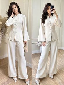 Rue Lumi Spring/Summer Women's 2 Pieces Set With Waist-Cinching Slimming Design, Tie Closure And Frog Buttons, Elegant Versatile Daily Commute Outfit - Apricot - View 10