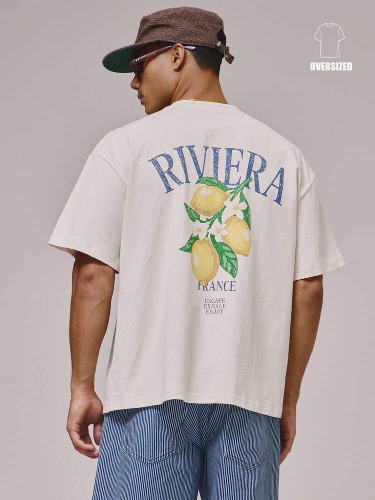Musero Camiseta de manga corta con cuello redondo y hombros caídos con estampado gráfico de limón "RIVIERA" de talla grande, esencial para primavera y verano - Camel - Añade 1
