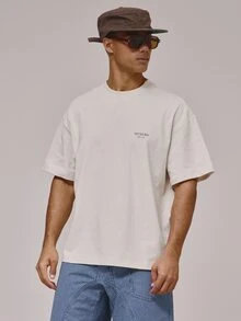 Musero Oversized Crew Neck Short Sleeve Dropped Shoulder "RIVIERA" Lemon Graphic Print Tshirt Spring Summer Holiday Essentials - Camel - View 5