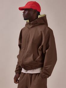 Musero Textured Check Kangaroo Pocket Track Jacket Contrast Lining Spring Summer Essentials - Coffee Brown - View 3