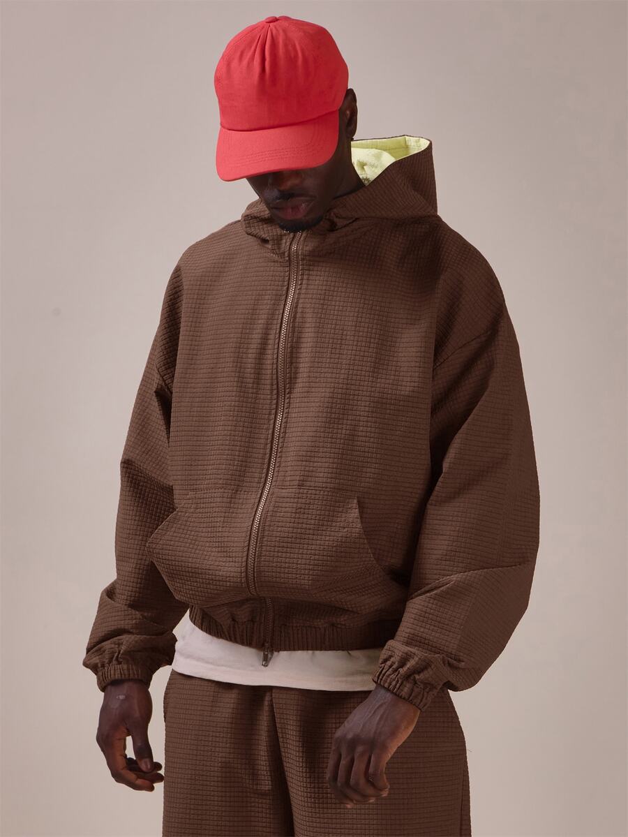 Musero Textured Check Kangaroo Pocket Track Jacket Contrast Lining Spring Summer Essentials - Coffee Brown - View 1