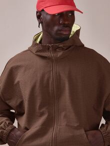 Musero Textured Check Kangaroo Pocket Track Jacket Contrast Lining Spring Summer Essentials - Coffee Brown - View 5
