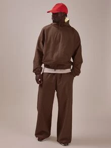 Musero Textured Check Kangaroo Pocket Track Jacket Contrast Lining Spring Summer Essentials - Coffee Brown - View 2