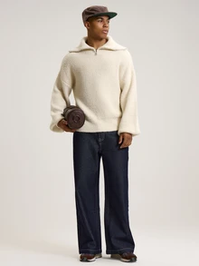 Musero High Kneck Funnel Turtle Zip Through Knit Jumper Barrel Style Sleeve Large Hem Cuffs And Waistband Knitted Jumper SPRING SUMMER Essentials Layering - Apricot - View 5