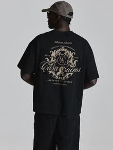 Oversized Drop Shoulder Tshirt "Maison Musero"Graphic Print Crew Neckline Autum Winter Essentials - Black - View 1