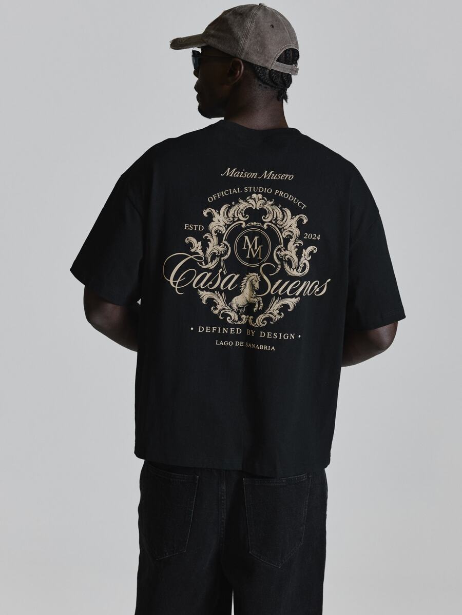 Oversized Drop Shoulder Tshirt "Maison Musero"Graphic Print Crew Neckline Autum Winter Essentials - Black - View 1