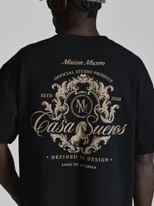 Oversized Drop Shoulder Tshirt "Maison Musero"Graphic Print Crew Neckline Autum Winter Essentials - Black - View 6