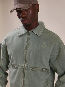 Musero Relaxed Fit Wash Denim Jacket Kangaroo Pocket With Exposed Zip Detail Spring Summer Essentials Co Ord Jacket Only - Green - View 5