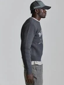 Oversized Crop Length High Neck "Musero" Intarsia Crew Neck Knit Sweater Autum Winter Essentials - Dark Grey - View 4