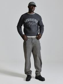 Oversized Crop Length High Neck "Musero" Intarsia Crew Neck Knit Sweater Autum Winter Essentials - Dark Grey - View 3