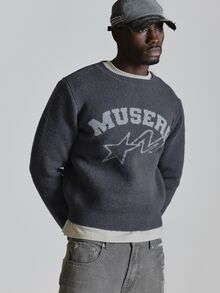 Oversized Crop Length High Neck "Musero" Intarsia Crew Neck Knit Sweater Autum Winter Essentials - Dark Grey - View 2
