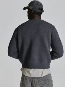 Oversized Crop Length High Neck "Musero" Intarsia Crew Neck Knit Sweater Autum Winter Essentials - Dark Grey - View 5