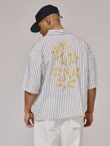 Musero 宽松款纽扣短袖落肩领衬衫，前袋细节设计，细条纹面料，春夏必备沙滩装 - 彩色 - 查看 4