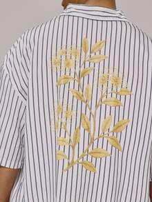 Musero 宽松款纽扣短袖落肩领衬衫，前袋细节设计，细条纹面料，春夏必备沙滩装 - 彩色 - 查看 2
