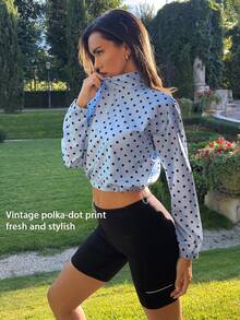 Fluxe Women Light Blue Polka Dot Half Zip Pullover Jacket Woven Stand Collar Cropped Long Sleeve Gym Workout Training Running Athletic Windbreaker - Sky Blue - View 11