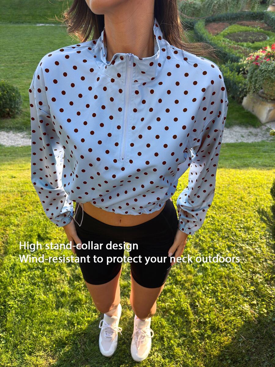 Fluxe Women Light Blue Polka Dot Half Zip Pullover Jacket Woven Stand Collar Cropped Long Sleeve Gym Workout Training Running Athletic Windbreaker