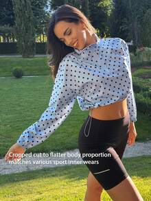Fluxe Women Light Blue Polka Dot Half Zip Pullover Jacket Woven Stand Collar Cropped Long Sleeve Gym Workout Training Running Athletic Windbreaker - Sky Blue - View 4