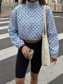 Fluxe Women Light Blue Polka Dot Half Zip Pullover Jacket Woven Stand Collar Cropped Long Sleeve Gym Workout Training Running Athletic Windbreaker - Sky Blue - View 7