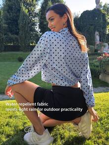 Fluxe Women Light Blue Polka Dot Half Zip Pullover Jacket Woven Stand Collar Cropped Long Sleeve Gym Workout Training Running Athletic Windbreaker - Sky Blue - View 5