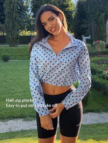 Fluxe Women Light Blue Polka Dot Half Zip Pullover Jacket Woven Stand Collar Cropped Long Sleeve Gym Workout Training Running Athletic Windbreaker - Sky Blue - View 12