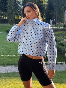 Fluxe Women Light Blue Polka Dot Half Zip Pullover Jacket Woven Stand Collar Cropped Long Sleeve Gym Workout Training Running Athletic Windbreaker - Sky Blue - View 3