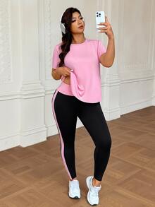 SHEIN Rhythm Era Plus Size Women Solid Color Short Sleeve Top And Pants Casual Sportswear Set Gym Pink Hot Pink Summer - Multicolor - View 5