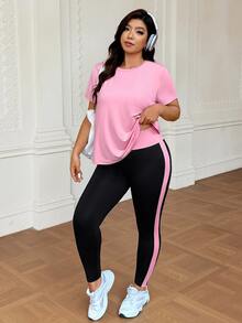 SHEIN Rhythm Era Plus Size Women Solid Color Short Sleeve Top And Pants Casual Sportswear Set Gym Pink Hot Pink Summer - Multicolor - View 6