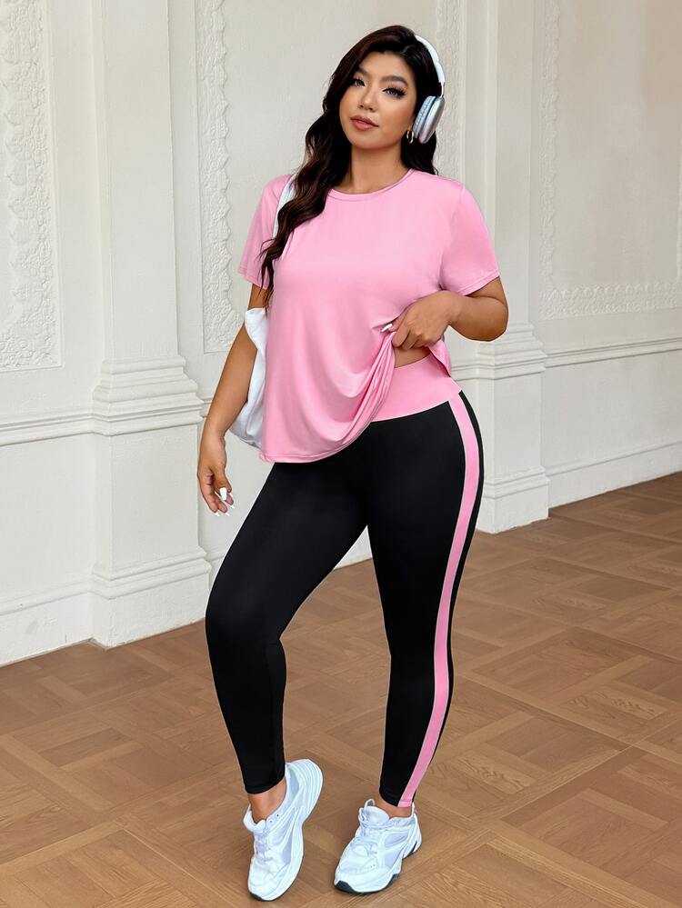 SHEIN Rhythm Era Plus Size Women Solid Color Short Sleeve Top And Pants Casual Sportswear Set Gym Pink Hot Pink Summer - Multicolor - View 6