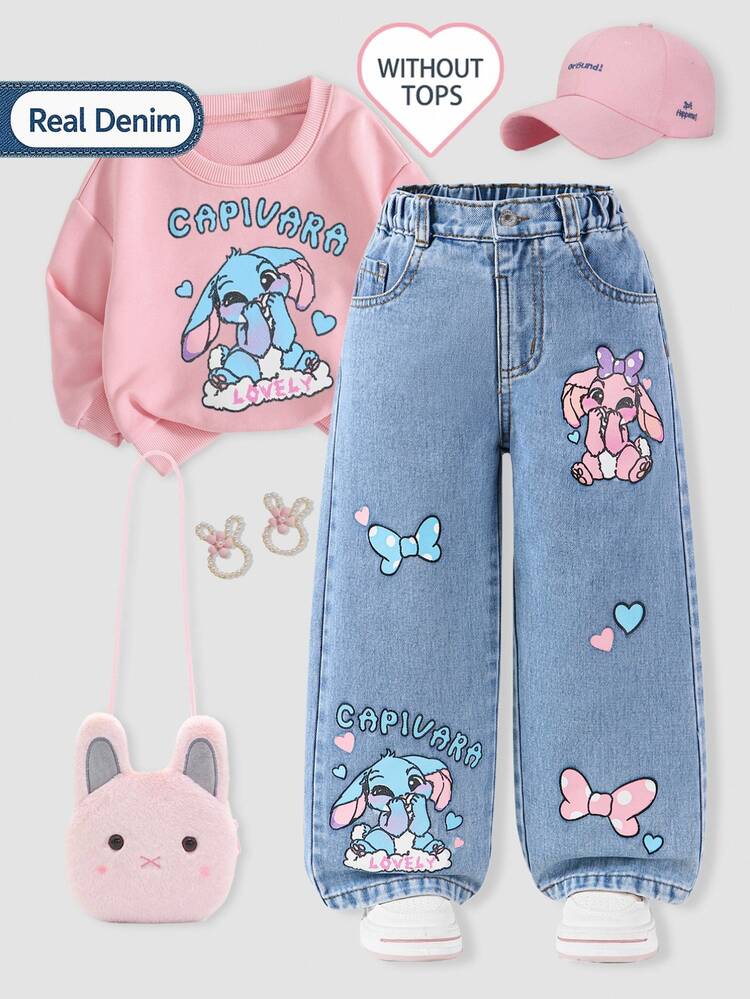 SHEIN ChillGRL 可爱兔子卡通印花蝴蝶结水洗浅蓝色牛仔阔腿裤，适合年轻女孩，舒适甜美休闲度假学院风，适合日常穿着、校园、返校、旅游休闲 - 淺色水洗藍 - 查看 1