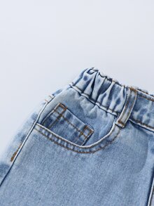 SHEIN ChillGRL بنطلون جينز واسع الساق بطبعة أرنب كرتوني وفيونكة، لون أزرق فاتح مغسول، مريح وعصري للفتيات الصغيرات، مناسب للارتداء اليومي، المدرسة، السفر والأوقات الحرة - أزرق فاتح - مشاهدة 5
