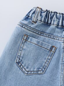 SHEIN ChillGRL بنطلون جينز واسع الساق بطبعة أرنب كرتوني وفيونكة، لون أزرق فاتح مغسول، مريح وعصري للفتيات الصغيرات، مناسب للارتداء اليومي، المدرسة، السفر والأوقات الحرة - أزرق فاتح - مشاهدة 6