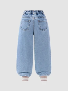 SHEIN ChillGRL بنطلون جينز واسع الساق بطبعة أرنب كرتوني وفيونكة، لون أزرق فاتح مغسول، مريح وعصري للفتيات الصغيرات، مناسب للارتداء اليومي، المدرسة، السفر والأوقات الحرة - أزرق فاتح - مشاهدة 3
