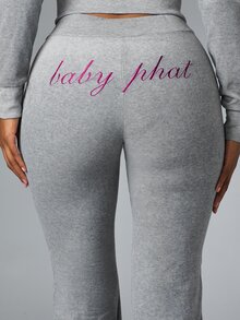 BABYPHAT Celana Panjang Model Flare dengan Logo Bordir dan Detail Garis Samping, Pinggang Tinggi, Celana Santai Kasual Panjang Penuh - Grey - View 3