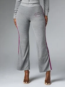BABYPHAT Celana Panjang Model Flare dengan Logo Bordir dan Detail Garis Samping, Pinggang Tinggi, Celana Santai Kasual Panjang Penuh - Grey - View 1